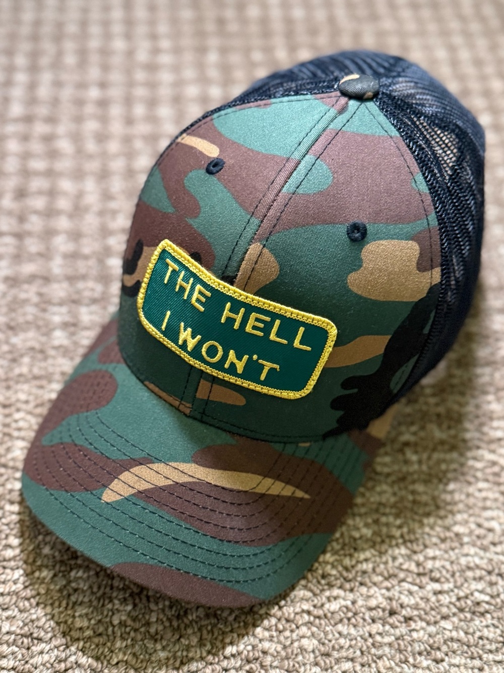 THE HELL I WON’T camo mesh snapback trucker hat